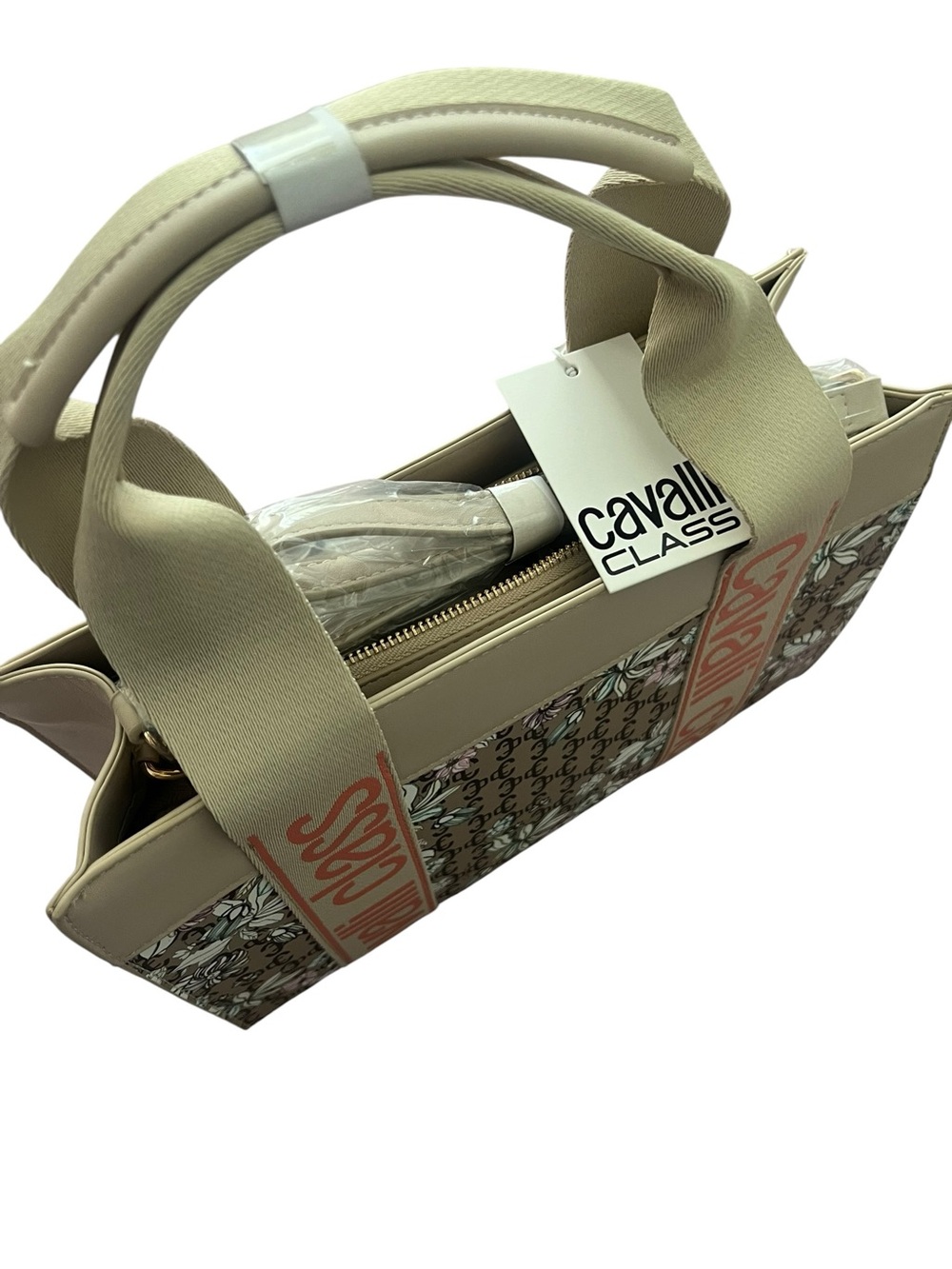 NWT Cavalli Class Serena Floral Logo Tote Bag Beige Cream - Picture 10 of 14